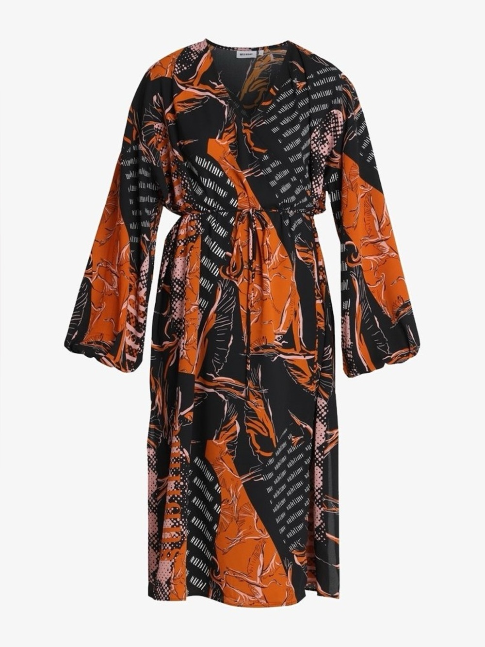 Weekday Sublime Printed Wrap Dress / Kimono Dress Size L Black Mustard Abstract